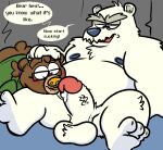  2021 anthro balls belly blush bodily_fluids brown_body club_penguin duo english_text erection eyewear genital_fluids genitals glasses herbert_p._bear humanoid_genitalia humanoid_hands humanoid_penis inked-waffle male mammal moobs nipples overweight overweight_male penis polar_bear precum sitting text ursid ursine white_body 