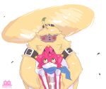  angoramon anthro bandai_namco belt betelgammamon blush carrying carrying_partner digimon digimon_(species) digimon_ghost_game duo flying fur hair_over_eyes helicopter_ears hi_res lagomorph leporid long_ears male male/male mammal pastelmon_art rabbit red_body scalie yellow_body yellow_fur 