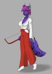  anthro asian_clothing aventis_vixxx bow_(disambiguation) breasts canid canine clothed clothing east_asian_clothing female footwear fox fur hair heart_marking hi_res japanese_clothing looking_at_viewer mammal purple_body purple_fur purple_hair ranged_weapon simple_background socks solo stripes weapon 