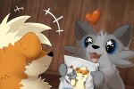  3:2 canid canine domestic_ferret duo feral fur grey_body grey_fur growlithe gulonine happy hybrid mammal marten mustela mustelid musteline nintendo open_mouth orange_body orange_fur paper pok&eacute;mon pok&eacute;mon_(species) resachii sachii_(resachii) tongue true_musteline video_games 