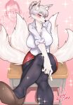  2018 anthro blush bottomwear breasts canid canine chalk chest_tuft clothed clothing female footwear fox fur grey_hair hair hi_res horishin kemono legwear mammal multi_tail pantyhose shirt shoes skirt solo tamamo-chan&#039;s_a_fox tenko_fushimi topwear tuft white_body white_fur 