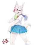  2017 anthro beverage bottomwear canid canine clothed clothing container cup drinking female fox fur hi_res horishin kemono mammal one_eye_closed shirt skirt solo straw tamamo-chan&#039;s_a_fox tamamo_fushimi topwear white_body white_fur 