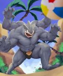  2021 4_arms absurd_res anthro ball beach beach_ball clothed clothing hi_res inflatable machamp male multi_arm multi_limb nintendo palm_tree plant pok&eacute;mon pok&eacute;mon_(species) seaside solo speedo swimwear topless tree video_games wolfanine 