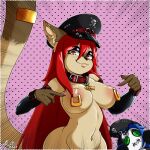  1:1 2021 absurd_res animate_inanimate anthro areola armwear big_breasts blush breasts clothed clothing collar collar_tag curvy_figure digital_media_(artwork) domestic_cat dominatrix ear_piercing felid feline felis female hair hat headgear headwear hi_res leona_(aka)_little_one living_plushie looking_at_viewer mammal nipple_piercing nipples piercing plushie red_hair rubber simple_background sledge smile sruto 