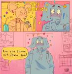  ! 2021 anthro biped blush clothed clothing comic duo elephant elephantid english_text humanoid_hands inside male mammal mouse murid murine proboscidean rodent shirt sitting text thiingamajiig topwear 