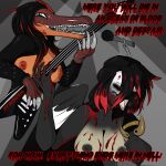  1:1 absurd_res anthro avian band bandmates big_breasts bird black_hair blood bodily_fluids breasts clothed clothing concert corvid corvus_(genus) crow death_growl death_metal dinosaur duo fake_blood female guitar guitarist hair hi_res highlights_(coloring) hirothedragon jacket metal_scream microphone musical_instrument nipples oscine our_fragile_echo paivio_selanne passerine plucked_string_instrument public public_nudity red_highlights reptile scalie singer singing sini_nykanen song spinosaurid spinosaurus string_instrument theropod topless topwear wings 