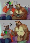  2021 angry anthro balls belly blush bottomwear brown_body brown_fur clothing controller duo flaccid fur game_controller gaming genitals hi_res humanoid_genitalia humanoid_hands humanoid_penis kemono male male/male mammal moobs nico26b nipples overweight overweight_male pants penis playing_videogame shirt sitting topwear undressing 