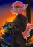  2021 amber_eyes canid canine detailed_background digital_media_(artwork) eyebrows eyelashes fur hair hi_res male mammal night omesore outside pink_body pink_fur pink_hair pink_nose sky solo star starry_sky teeth 