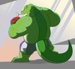  2021 alligator alligatorid anthro belly bodily_fluids bottomwear bowsarthekoopa brok_(character) brok_the_investigator clothing crocodilian green_body hi_res male musclegut overweight overweight_male reptile scalie shorts solo sweat video_games 