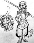  ambiguous_gender anthro armor biomutant clothed clothing fur hi_res looking_aside looking_at_viewer mammal maystrine_(artist) monochrome open_mouth samurai_armor simple_background solo staff standing white_background 