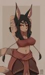  anthro bandeau big_breasts black_hair bodily_fluids breasts canid canine clothing female hair hi_res kumahra_(orang111) mammal navel orang111 orange_eyes solo sweat tan_body topwear tribal tribal_outfit yellow_sclera 