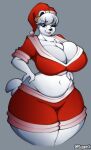  2018 absurd_res anthro artist_name belly big_breasts blue_eyes bottomwear breast_squish breasts christmas christmas_clothing christmas_headwear cleavage clothed clothing crop_top curvy_figure digital_media_(artwork) ear_piercing ear_ring eyelashes female fur grey_background hair hands_on_hips hat headgear headwear hi_res holidays hourglass_figure huge_breasts looking_at_viewer mammal nadenka_(jwinkz) navel one_eye_closed piercing polar_bear santa_hat shirt short_hair shorts simple_background slightly_chubby smile solo squish standing superix thick_thighs tongue tongue_out topwear ursid ursine voluptuous white_body white_fur white_hair wide_hips wink winking_at_viewer 