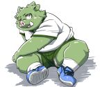  2021 anthro bottomwear clothing domestic_pig green_body humanoid_hands kemono male mammal overweight overweight_male shirt shorts simple_background sitting solo suid suina sus_(pig) takagi_kyou topwear white_background 