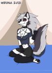  anthro bed breasts canid canid_demon clothed clothing collar demon ear_piercing female fur furniture grey_hair hair hellhound helluva_boss hi_res loona_(helluva_boss) mammal multicolored_body multicolored_fur paws piercing red_eyes sitting solo teasing wroniasty 