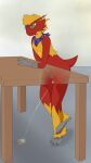  9:16 anthro blaziken bodily_fluids bottomless clothed clothing desk digital_media_(artwork) ember_(oc) eyewear foreskin furniture genital_fluids genitals glasses green_eyes hi_res inside lemonbat male neckwear nintendo omorashi peeing penis pok&eacute;mon pok&eacute;mon_(species) shaded solo urine urine_stream video_games 