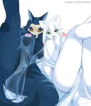  absurd_res abyssal_wolf anthro big_breasts breast_squish breasts breasts_frottage canid canine clothing duo elvia female female/female fur hair hi_res koncon mammal squish translucent translucent_clothing white_body white_fur white_hair 