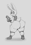  2021 4_fingers absurd_res anthro big_butt blush blush_lines butt butt_focus clothed clothing disney female fingers gun hi_res huge_butt jiggle judy_hopps lagomorph leporid looking_back mammal monochrome movement_lines rabbit ranged_weapon reddrago simple_background solo thick_thighs weapon worried zootopia 