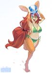  absurd_res anthro aria_(jeri) ball beach_ball bikini breasts chest_tuft cleavage clothed clothing female green_eyes hair hi_res inflatable kemari lagomorph leporid long_hair mammal navel on_one_leg rabbit simple_background solo standing swimwear tuft 