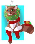  absurd_res alpha_channel anthro bell blue_background blue_eyes brown_body brown_fur canid canine christmas christmas_clothing christmas_decorations christmas_lights christmas_ornament christmas_stocking christmas_wreath clothed clothing digitigrade english_text fangs featureless_crotch female fur green_eyes happy heterochromia hi_res holiday_dressed holidays honeyfox leaf legwear light looking_at_viewer mammal markings open_mouth partially_clothed raccoon_dog ribbons simple_background smile smiling_at_viewer solo stockings striped_markings striped_tail stripes tail_markings tanuki text transparent_background white_body white_fur yuki_(side_b) 