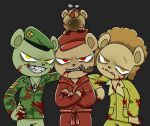  afro angry anthro blood bodily_fluids brown_body clothed clothing cub_(htf) disco_bear_(htf) evil_grin flippy_(htf) fur glaring green_body green_fur group happy_tree_friends hat headgear headwear looking_at_viewer male mammal opiopaopi orange_eyes pop_(htf) red_eyes robe sharp_teeth smile smoking_pipe teeth ursid yellow_eyes young 