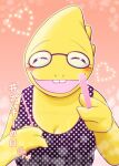  &lt;3 alphys anthro blush breasts buckteeth cleavage clothed clothing dress english_text eyes_closed eyewear female food front_view fully_clothed glasses half-length_portrait holding_food holding_object japanese_text kimama lizard non-mammal_breasts offering_food offering_to_viewer open_mouth open_smile pocky polka_dots portrait reptile scales scalie simple_background smile solo teeth text undertale undertale_(series) video_games watermark yellow_body yellow_scales 