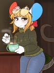  absurd_res animal_crossing anthro beverage blue_inner_ear blush clothing eyewear eyewear_on_head female furniture glasses glasses_on_head hi_res looking_at_viewer mammal mouse mug murid murine nintendo petri_(animal_crossing) red_inner_ear rodent sapphys sitting solo steam stool sweater tea tea_bag topwear video_games 