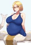  apode belly big_belly big_breasts blue_clothing blue_topwear botsu breasts clothing draconcopode eyewear female glasses green_eyes hi_res humanoid_pointy_ears lamia legless looking_at_viewer pregnant reptile scales scalie serpentine sitting snake solo split_form tail_motion tailwag topwear white_body white_scales 