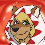  1:1 anthro blonde_hair blue_eyes brown_body brown_fur canid canine clothed clothing cosplay costume female final_fantasy fur green_eyes hair heterochromia hood looking_at_viewer mammal portrait raccoon_dog red_background robe simple_background solo square_enix tanuki thepyrokitty video_games white_body white_fur white_mage wig yuki_(side_b) 