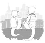  2021 anthro brother brother_and_sister city domestic_ferret duo female hi_res kolka_(sneel) male mammal monochrome mustela mustelid musteline poppy_(sneel) rear_view sibling sister sitting smoking sneel true_musteline 