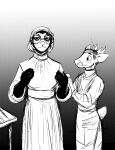  2021 anthro black_and_white cervid clothing deer_prince didelphid duo eyewear glasses hi_res hladilnik mammal marsupial mary_ann_(hladilnik) monochrome nurse scrubs sketch smile surgeon 