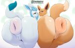  anthro anus big_anus big_butt butt digital_media_(artwork) duo eevee eeveelution female genitals glaceon half-closed_eyes hi_res huge_anus huge_butt humanoid_genitalia humanoid_pussy hyper hyper_anus looking_at_viewer looking_back narrowed_eyes nintendo nude pok&eacute;mon pok&eacute;mon_(species) presenting presenting_anus presenting_hindquarters presenting_pussy puffy_anus pussy raised_tail simple_background smile snuckums thick_thighs video_games wide_hips 