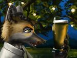  2016 alcohol anthro beer beverage canid canine clothed clothing digital_media_(artwork) dusk fox glass hi_res licking licking_lips male mammal night outside roweland solo swish tongue tongue_out whiskers 