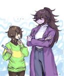  ambiguous_gender anthro belt brush clothing comb_(brush) deltarune duo female freckles friedri_ce hair hair_over_eyes hairbrush hi_res human humanoid kris_(deltarune) long_jacket mammal ponytail purple_body reptile scalie susie_(deltarune) sweater topwear undertale_(series) video_games 