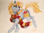  autumn_skye_(mlp) blonde_hair dvixie earth_pony equid equine female feral grey_body hair hasbro horse looking_aside mammal my_little_pony my_little_pony_(g3) pony scarf simple_background smile solo white_background 