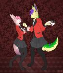  anthro blush bottomwear canid canine card clothed clothing cosplay cute_expression digital_media_(artwork) duo female fennec fox fur greenfluff hair hi_res holding_(disambiguation) holding_object identification jewelry kakegurui male male/female mammal necklace novafluff restraints samuelwolfo scared skirt smile suggestive uniform 