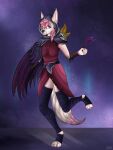  3:4 anthro bandage canid canine clothed clothing cosplay crossdressing digital_media_(artwork) feathers female fennec fox fur hair hi_res league_of_legends mammal novafluff riot_games samuelwolfo simple_background solo suit topwear video_games wings xayah_(lol) 
