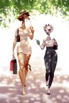  absurd_res beverage clothing drinking duo equid equine female giraffe giraffid handbag hat headgear headwear hi_res holivi horse mammal plant purse shadow shopping shopping_bag straw summer_hat tree wide_brim_hat 