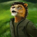  1:1 2016 anthro clothed clothing detailed_background digital_media_(artwork) felid grass hair hi_res lion looking_at_viewer male mammal open_mouth outside pantherine plant pockets solo swish tongue whiskers yellow_eyes 