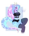  2021 2_horns 4:5 anthro artist_name big_breasts biped black_bottomwear black_clothing black_shorts black_tube_top blue_background blue_body blue_eyes blue_hair blue_tongue border bottomwear breasts candii clothed clothing curved_horn digital_drawing_(artwork) digital_media_(artwork) dragon eyebrows eyelashes eyeshadow fangs female forked_tongue front_view fully_clothed gradient_hair hair hi_res horn hotpants hybrid jewelry lanhai legwear long_hair long_tail long_tongue makeup navel necklace non-mammal_breasts outline pink_hair portrait purple_body purple_eyeshadow purple_sclera raised_arm reptile ring scalie shorts simple_background sitting smile snake snout solo spiked_tail spikes spikes_(anatomy) spots spotted_body stockings tail_jewelry tail_ring thick_tail three-quarter_portrait three-quarter_view tongue topwear translucent translucent_clothing translucent_legwear translucent_stockings tube_top white_border white_outline 
