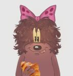  accessory anthro black_nose bread brown_body brown_fur brown_hair croissant duduka ekran female food fur hair hair_accessory hair_bow hair_ribbon hi_res looking_at_viewer ribbons russian shape_shifter solo soviet_cartoon tongue tongue_out unknown_species yellow_eyes 
