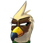  1:1 avian beak brown_body facial_markings feathered_crest feathers female feral green_eyes gryphon gyrotech head_crest head_markings in3ds7 machine markings mask_(marking) mythological_avian mythology power_armor serilde solo 