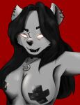  anthro breasts canid canid_demon ckvlso demon digital_media_(artwork) duct_tape ear_piercing ear_ring female gauged_ear glistening glistening_eyes hair hellhound hi_res looking_at_viewer mammal nude piercing satanic simple_background smile solo tape yandere 