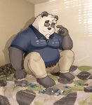  2021 anthro bed black_body black_nose blush bottomwear charlieartsy clothing eyewear furniture giant_panda glasses hi_res humanoid_hands male mammal overweight overweight_male pants real shirt sitting solo topwear ursid white_body 