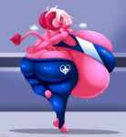  2021 absurd_res big_breasts big_butt bodily_fluids breasts bulging_breasts butt clothing cornchip21 demon exercise female hi_res huge_breasts huge_butt hyper hyper_breasts imp mr.pink not_furry on_one_leg pink_body pink_skin solo spade_tail standing sweat temp_the_imp tight_clothing 