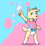  anthro blue_eyes canid canine clothing diaper fur male mammal padding psychic ritzcat shirt simple_background solo t-shirt topwear white_body white_diaper white_fur young 