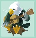  2017 absurd_res accipitrid accipitriform animal_crossing anthro apollo_(animal_crossing) avian bald_eagle beak biped bird bird_feet black_clothing black_topwear black_vest blush border bottomless claws clothed clothing digital_media_(artwork) digitigrade eagle eyes_closed feather_hands feathered_wings feathers front_view full-length_portrait green_background green_border grey_body grey_feathers guitar hi_res kukku_kuu male multicolored_body multicolored_feathers musical_instrument musical_note nintendo playing_guitar playing_music plucked_string_instrument portrait scutes sea_eagle shaded simple_background solo string_instrument tail_feathers talons toe_claws topwear translated_description tree_stump two_tone_body two_tone_feathers video_games white_body white_claws white_feathers wings yellow_beak 