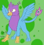  avian beak bird bird_feet blue_body dinkieshyarts feathered_crest feathered_wings feathers feral galliform green_eyes gryphon gyro_feather head_crest male mythological_avian mythology paws peafowl phasianid pink_body quadruped solo tail_tuft tuft wings 