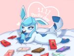  &lt;3 ambiguous_gender bed eeveelution feral food furniture glaceon hanabi162271945 hi_res lying nintendo on_bed on_front pocky pocky_in_mouth pok&eacute;mon pok&eacute;mon_(species) semi-anthro simple_background solo sploot video_games 