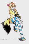  &lt;3 2:3 absurd_res alonsocas15 anthro blush canid canine claws clothed clothing collar fangs fox girly hi_res legwear looking_at_viewer male mammal partially_clothed pattern_clothing pose simple_background sitting solo stockings striped_clothing stripes traditional_media_(artwork) 