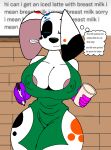  101_dalmatian_street 101_dalmatians absurd_res anthro apron apron_only areola areola_slip big_areola big_breasts bodypaint breasts canid canine canis clothing da_vinci_(101_dalmatians) dalmatian disney domestic_dog duo english_text engrish eyes_closed female hi_res huge_breasts huge_thighs i_mean_breast_milk mammal meme mostly_nude small_waist solo text thick_thighs vincikkkk wide_hips 